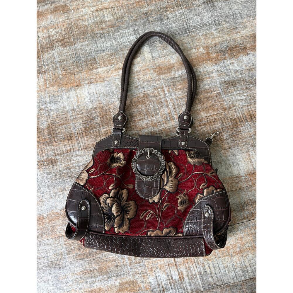 Burgundy Red Gold Floral Boho Tapestry Faux Alligator  Croc Bag Tote Purse